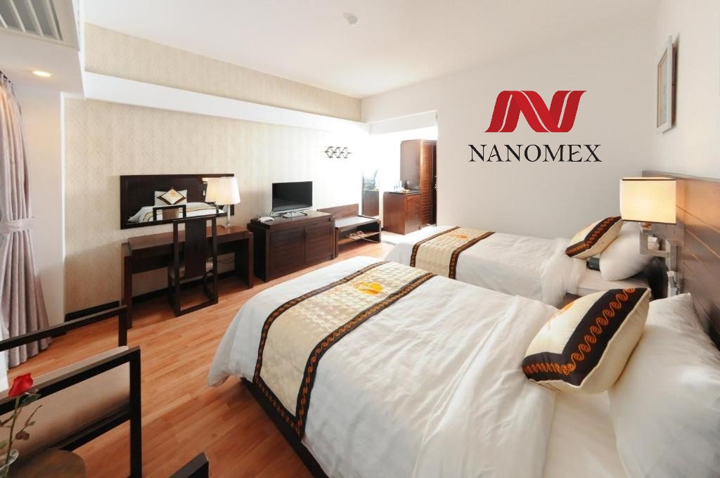 Sản phẩm Chăn ga gối khạc sạn từ thương hiệu Nanomex được sản xuất riêng cho Cong Doan Quang Ba Hotel